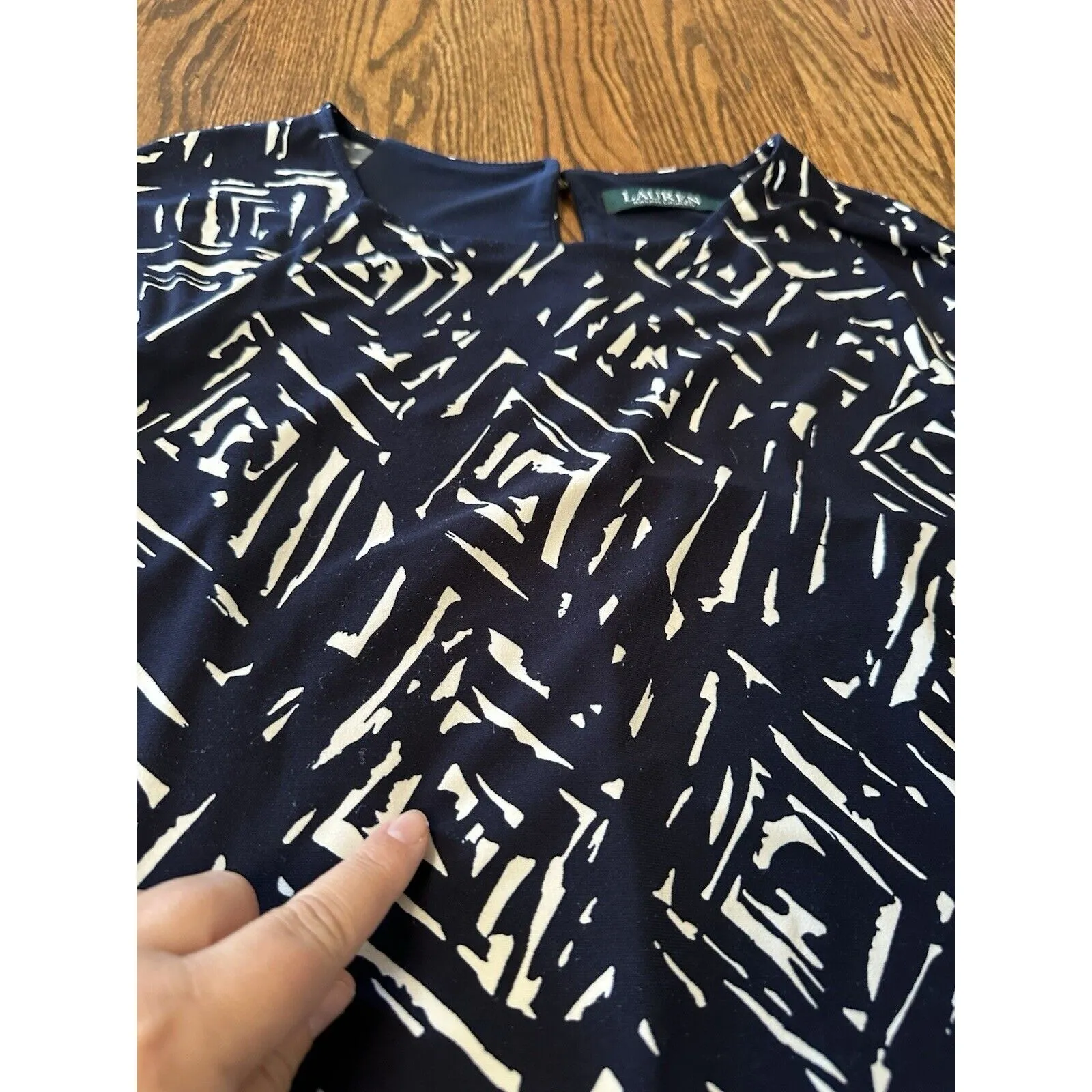 LAUREN RALPH LAUREN Navy Blue White Geometric Size 12 Long Sleeved‎ Lined Dress - Image 8