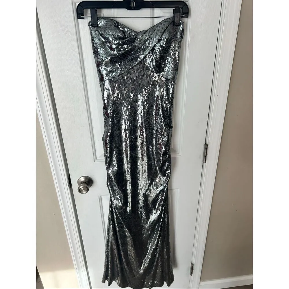 Nicole miller sparkly silver maxi strapless long dress size 8 mermaid style with - Image 9