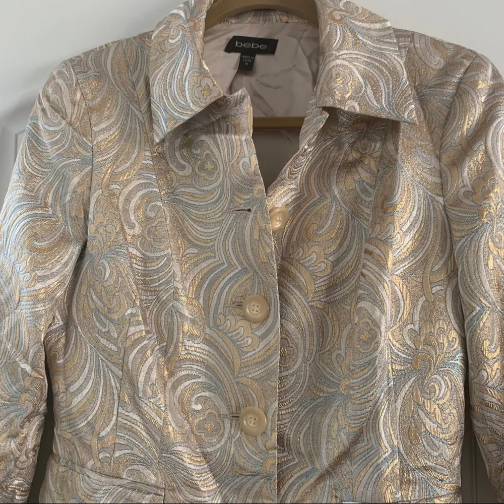 🆕 Bebe | Brocade Jacket Metallic Gold Blue Swirl - Image 3