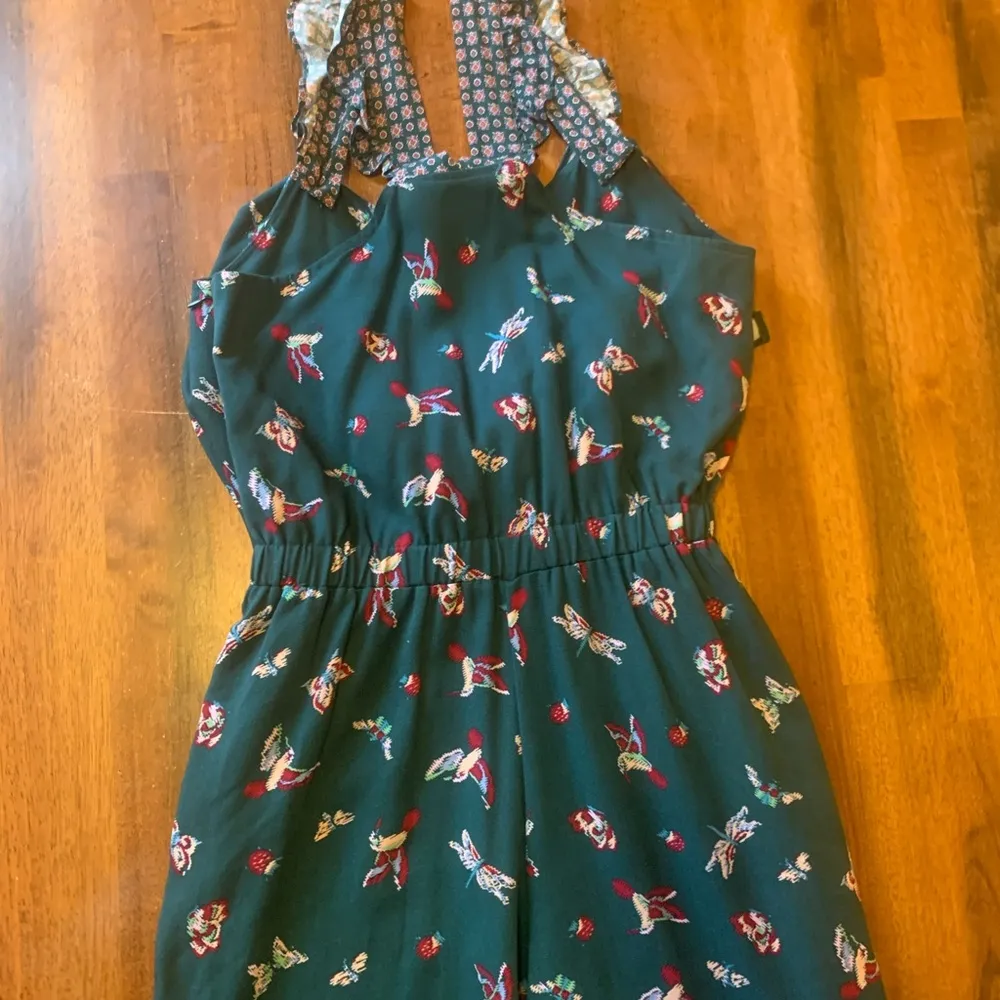 Matilda Jane Evergreen Dream Jumpsuit Small Green Pockets ruffle straps pants - Image 9