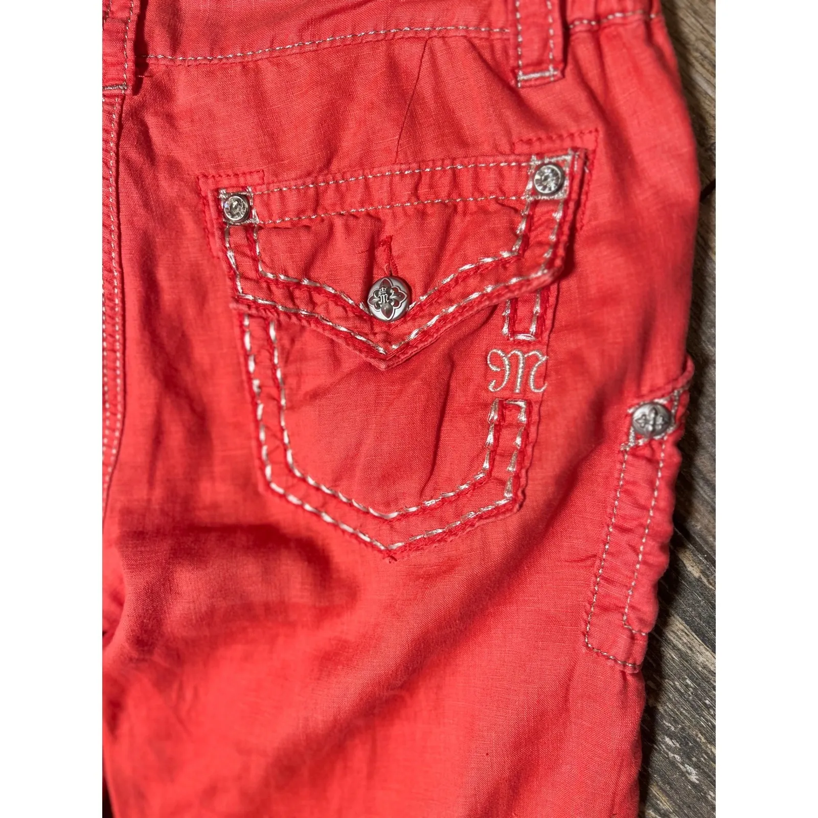 Miss Me Cargo Pants Trouser Medium Red 100% Linen Wide Leg BLING Boho Y2K TALL - Image 11