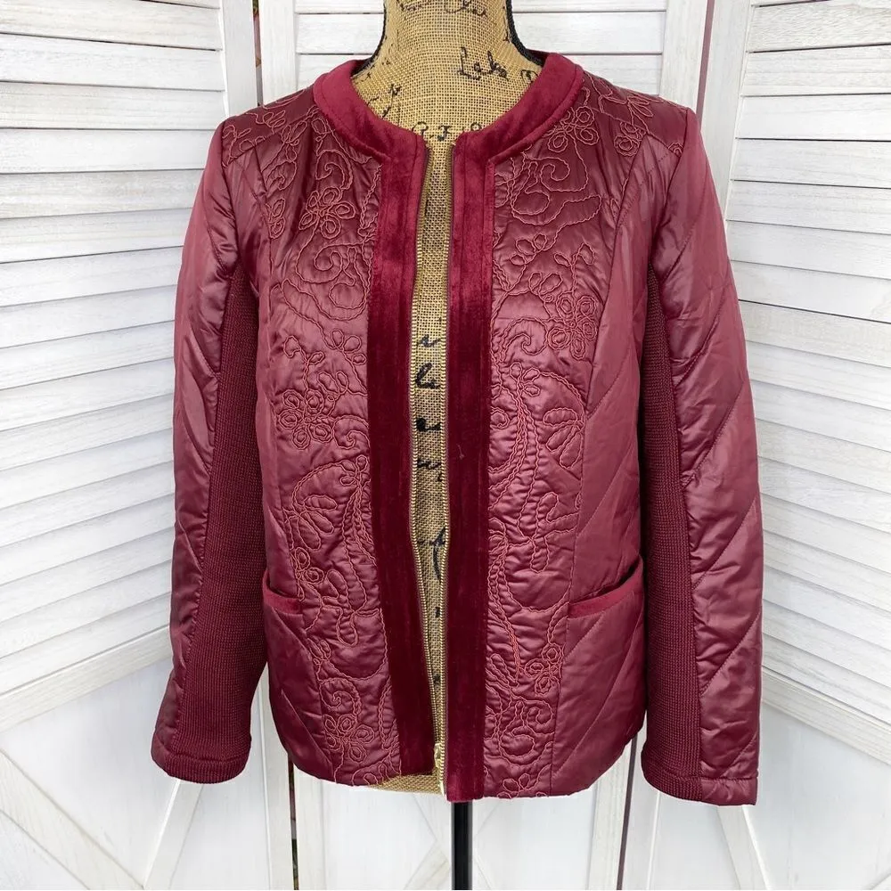 Zenergy by Chico’s Quilted Embroidered Puffer Moto Jacket Maroon Red Small - Image 8