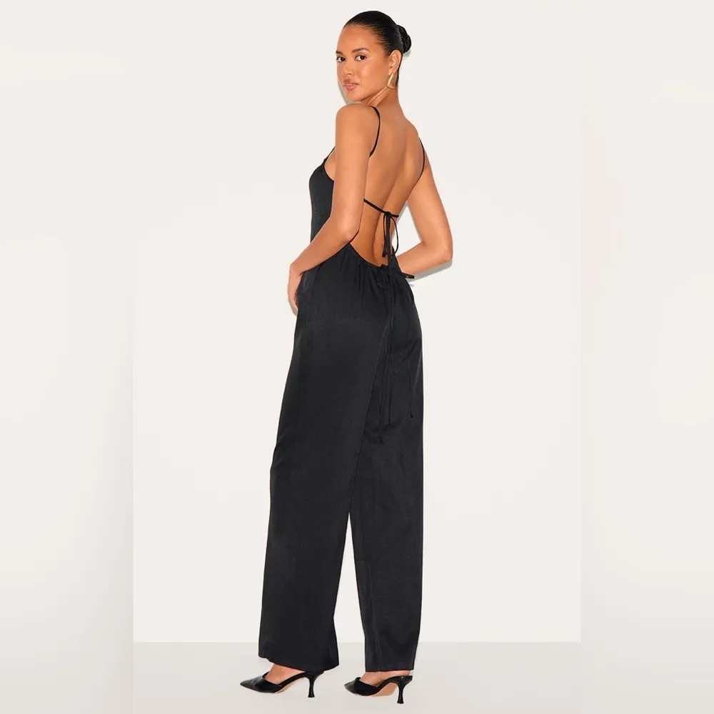 PrettyLittleThing Black Pleated Wide Leg Jumpsuit Size 10 Party Ready - Image 9