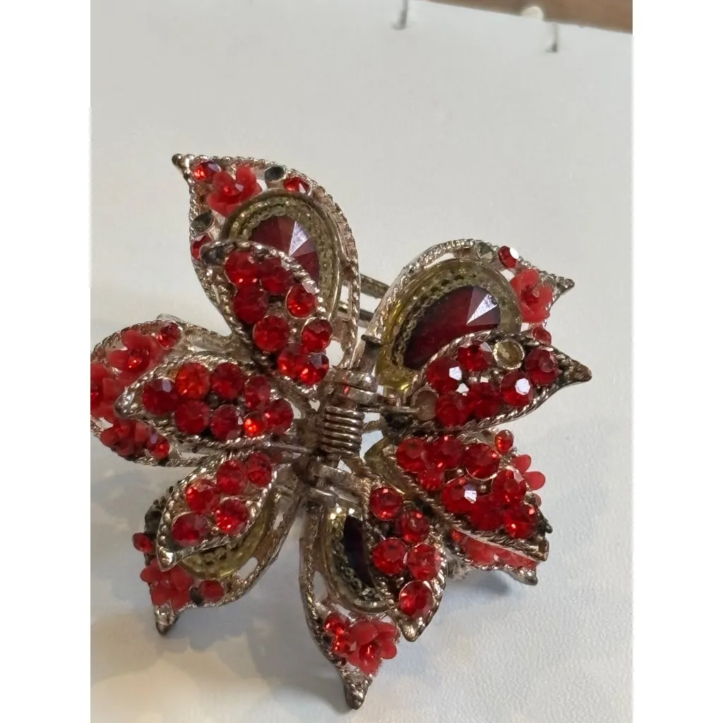 Large Floral Hair Clip With Red Rhinestones & Metal**note missing rhinestone - Image 10