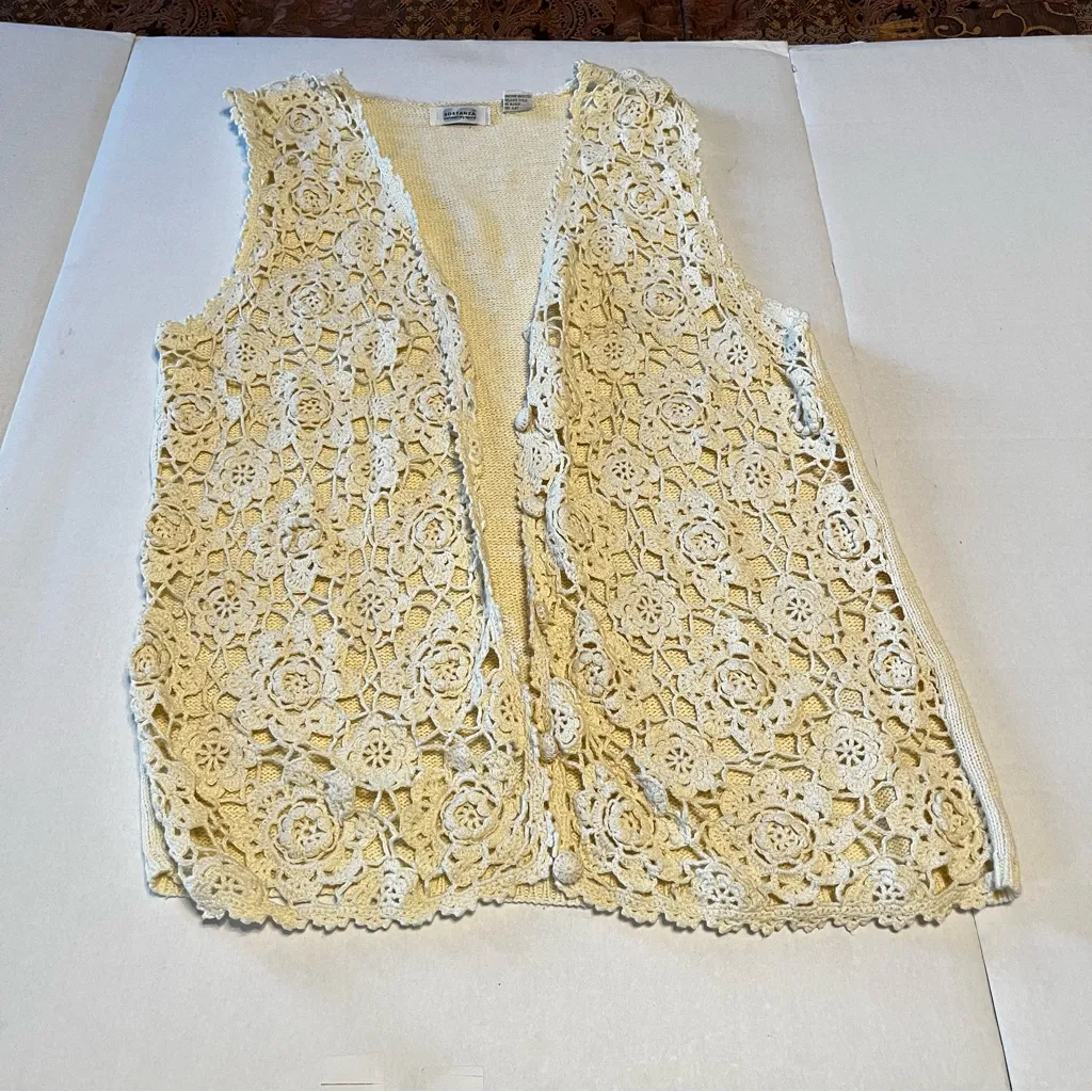 Sostanza Crochet Sweater Vest Vintage Medium Boho Ramie Floral‎ Hippie 90s Y2K - Image 14