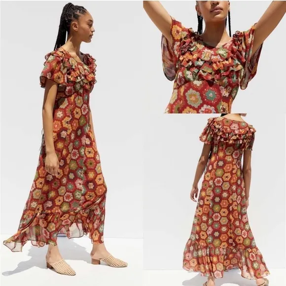 URBAN OUTFITTERS Coraline Patchwork Floral Ruffle Maxi Dress - Image 2