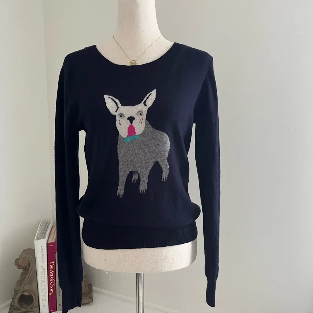 J Crew Navy Pullover with Adorable Frenchie  SZ S Preppy Quirky  Dog Lover 🐶 - Image 2