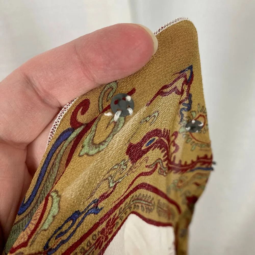 Citron Santa Monica Beige Asian Inspired Floral Print Silk Blouse&Scarf Sz.M Red Size M - Image 10