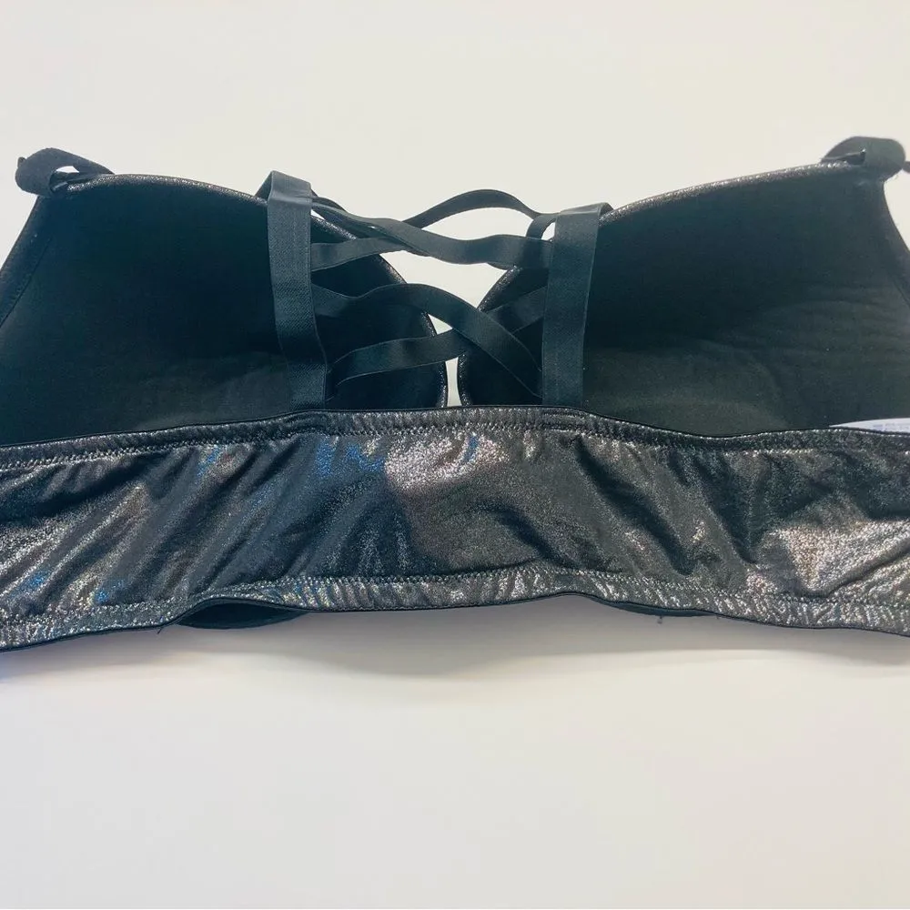 Cacique Seriously Sexy Silver Glitter Black Lace Boost Plunge Bra Plus Size 46D - Image 3