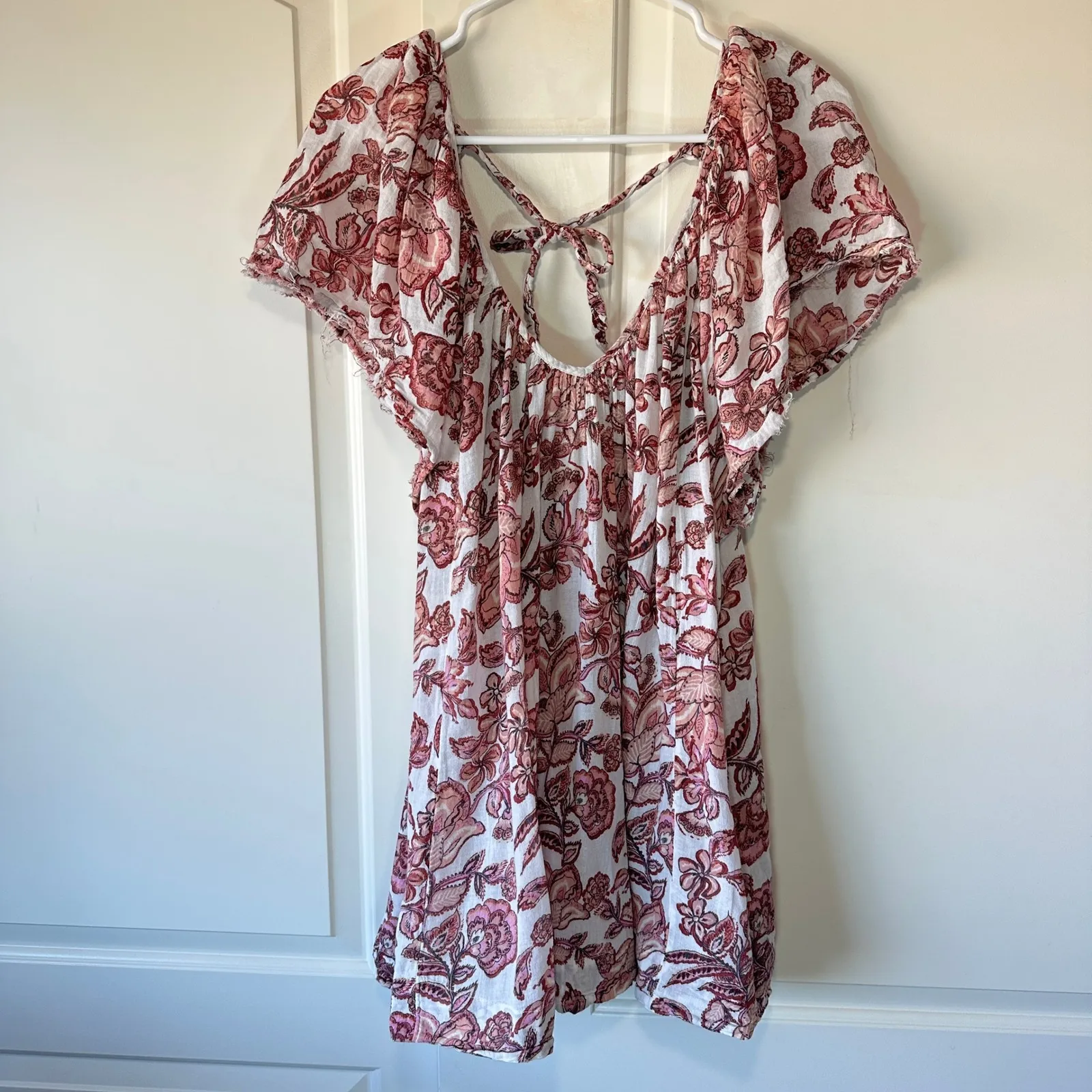 Free People Kauai Getaway‎ Printed Mini Dress Ivory Red Bow Pocket Flowy Boho S - Image 2