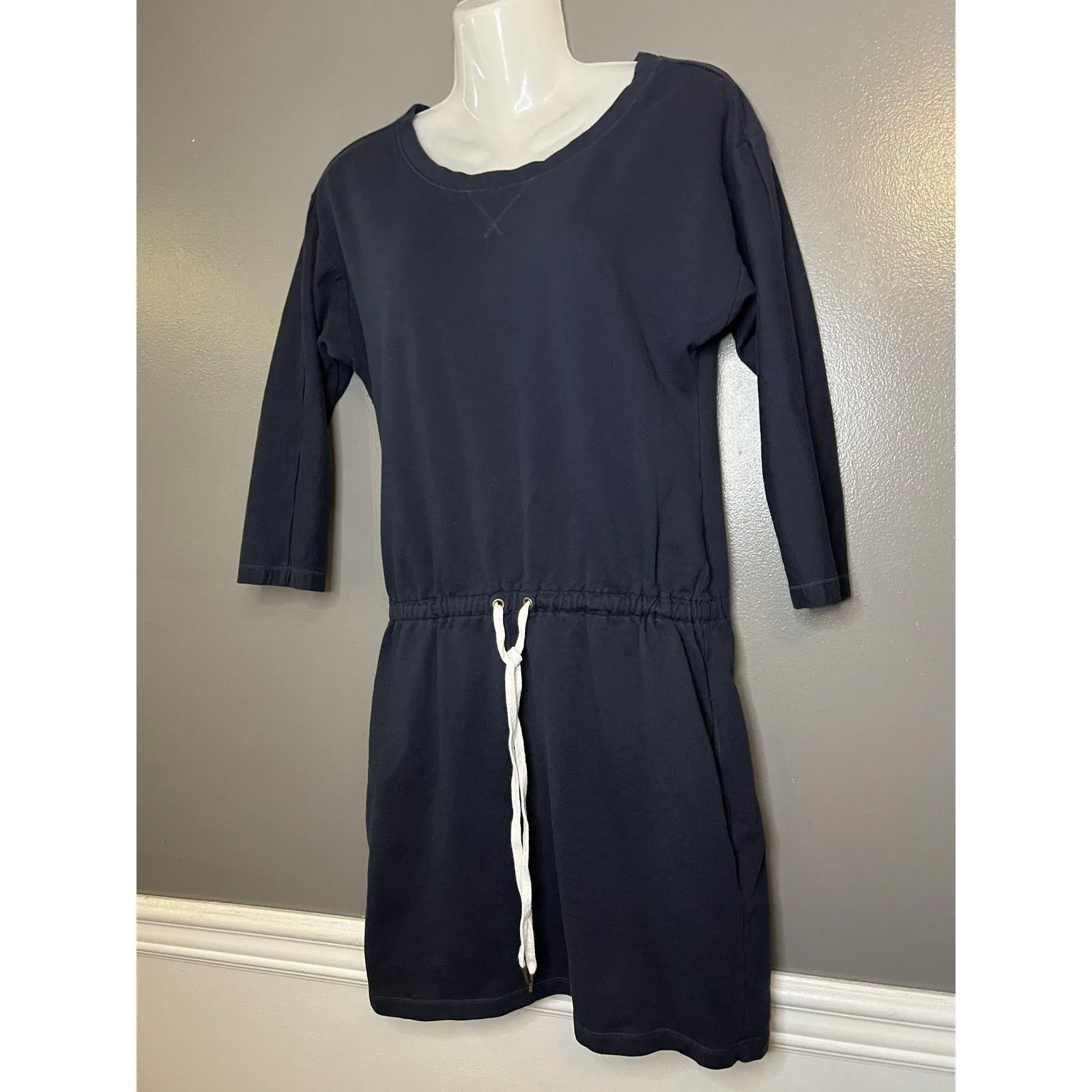 LOFT Sweater Dress Womens XS Blue French Terry Drawstring Waist 3/4 Sleeve - Image 4