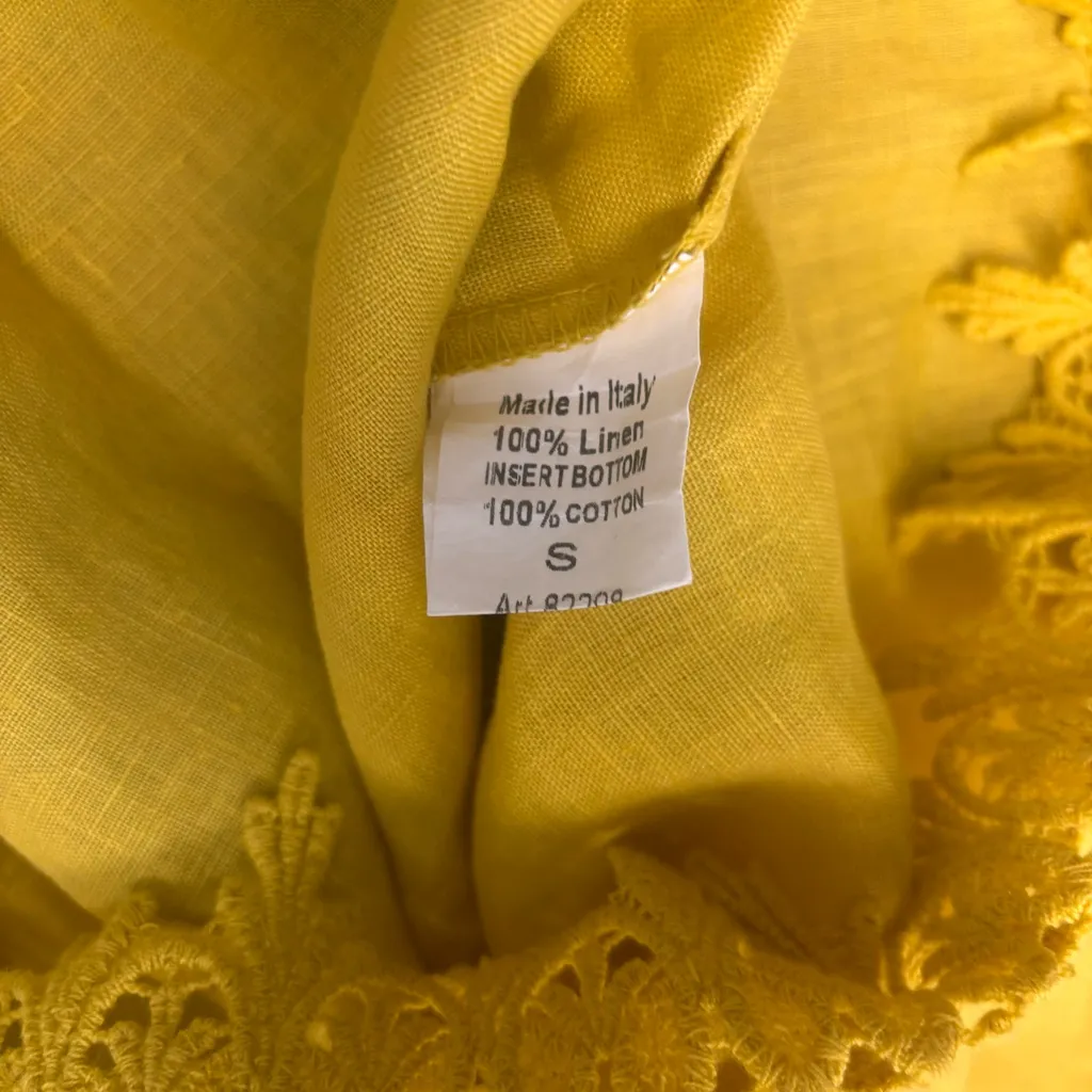Terzo Millennio 100%Linen Crochet Lace Hem Blouse Lagenlook Top Italy Mustard S Yellow - Image 4