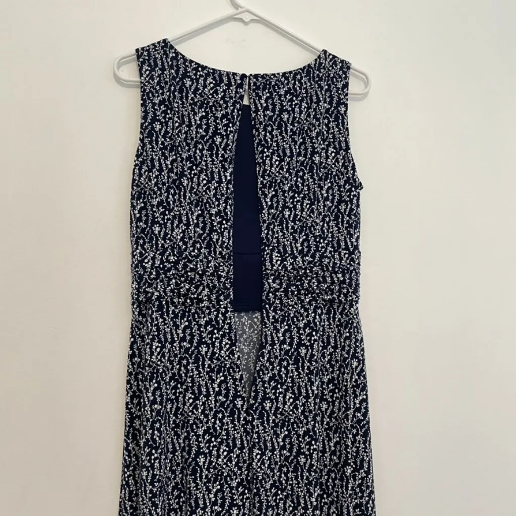 JESSICA HOWARD Ruched A-Line Dress Navy Blue White Floral Sleeveless Midi Office - Image 14