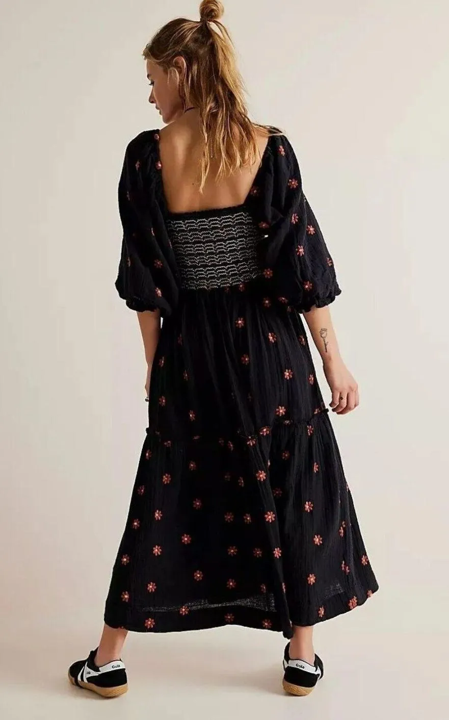 Free People Dahlia Embroidered Maxi Dress Black Combo Smocked Floral  B37 - Image 2