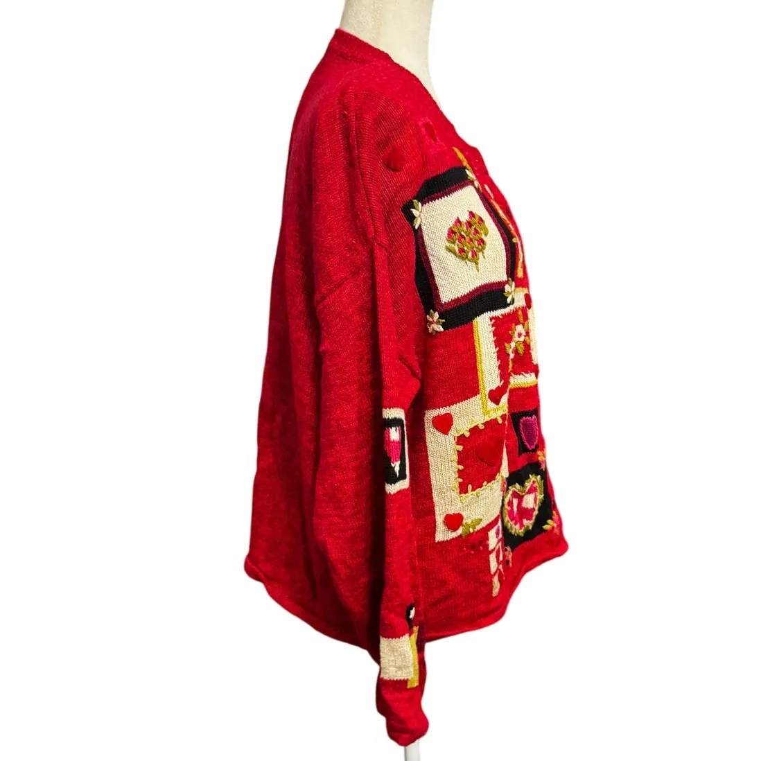 Valentine Patchwork Cardigan Sweater XL Heart Embroidered Cottagecore Grannycore Red - Image 3