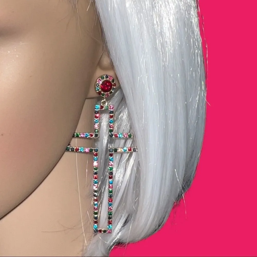 Nwot beautiful colorful stone hollow cross earrings! - Image 2