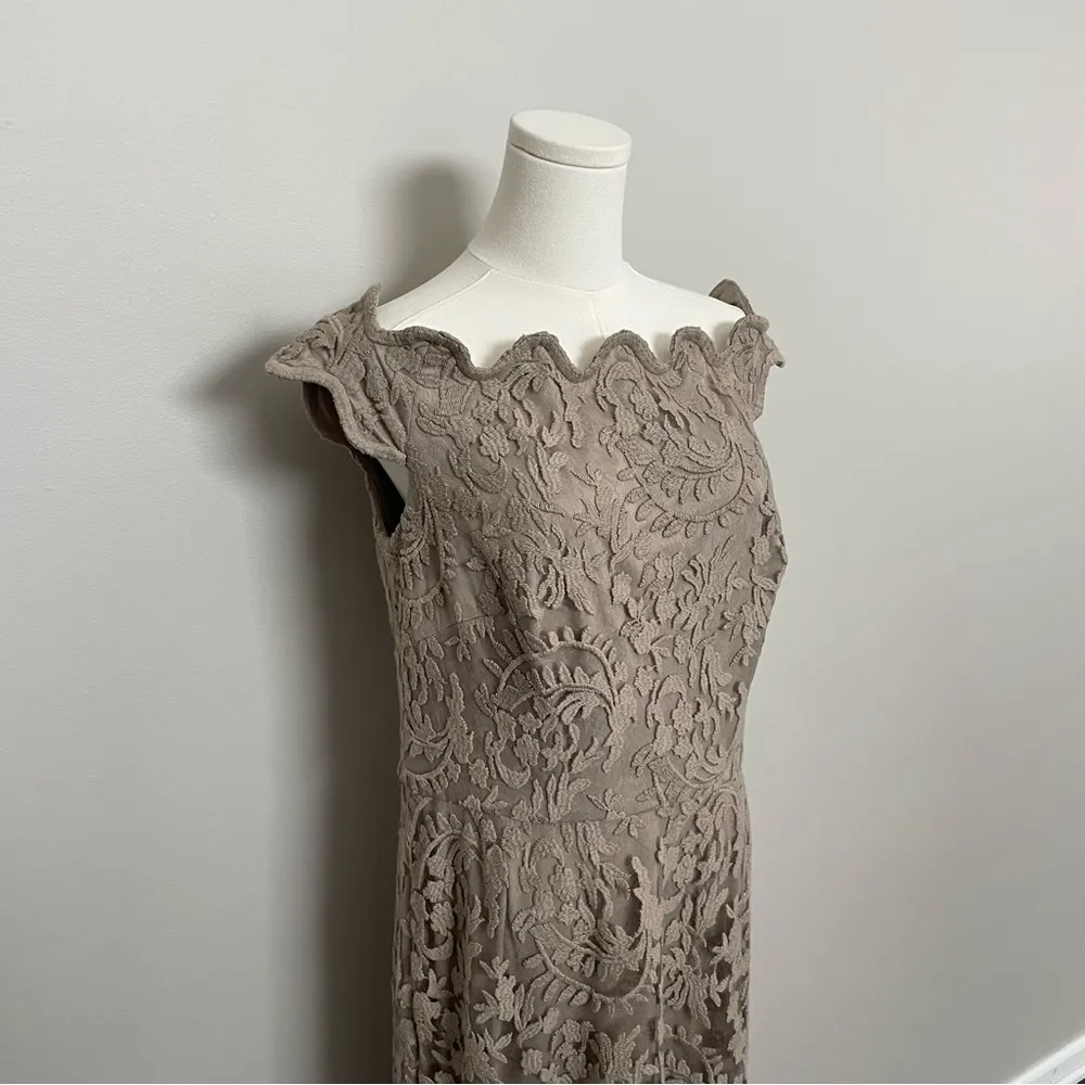 Tadashi Shoji Dress Embroidered Lace Off Shoulder Gown Wedding Taupe No Belt - Image 3