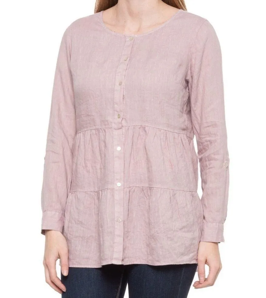 Sigrid Olsen Womens Linen Button-Front roll tab sleeve Tunics in Pink size large - Image 4