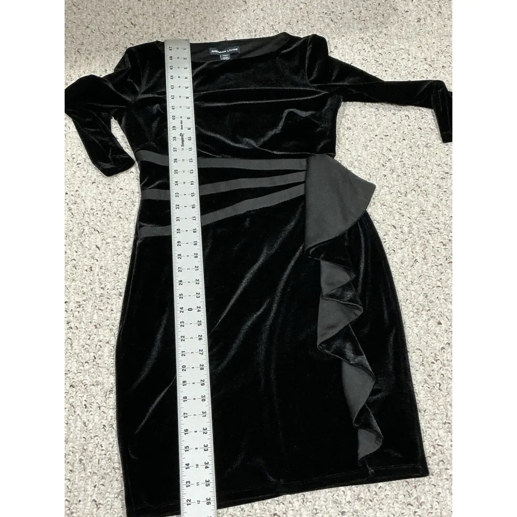 Woman’s American Living Size 4 Black Ruffled Velvet Long Sleeve Sheath Dress - Image 8