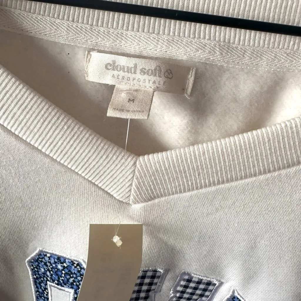 NWT Aeropostale Cloud Soft LOVE Sweatshirt White Blue Gingham Bow M - Image 6