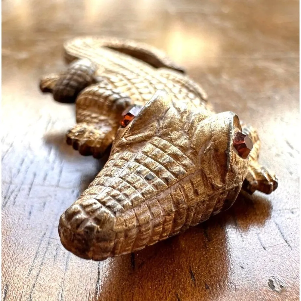 Vintage Maresco Crocodile Brooch Pin Alligator Topaz Crystal Glass Eyes … Gold - Image 5