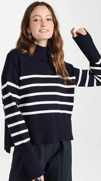 Veronica Beard Jean Lancetti Sweater Navy White Stripe Turtleneck Ribbed - Image 1