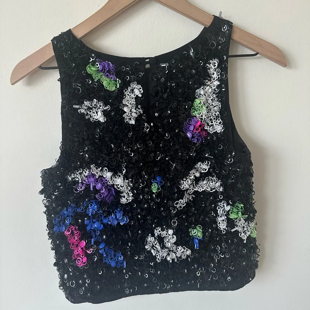 Milly 100% Silk Sequin Black Colorful Crop Tank Top 0 - Image 5