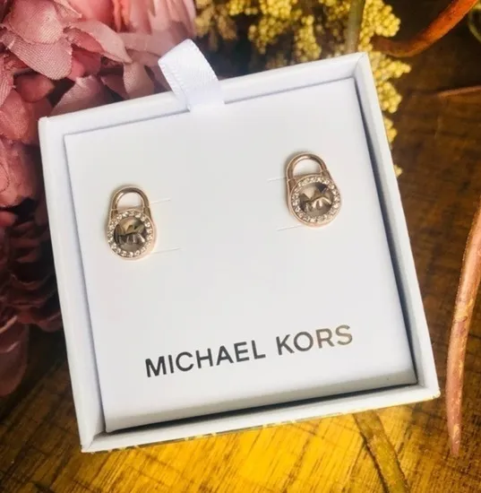 Michael Kors Rose Gold Lock Stud Earrings Crystal Accents NWT - Image 1