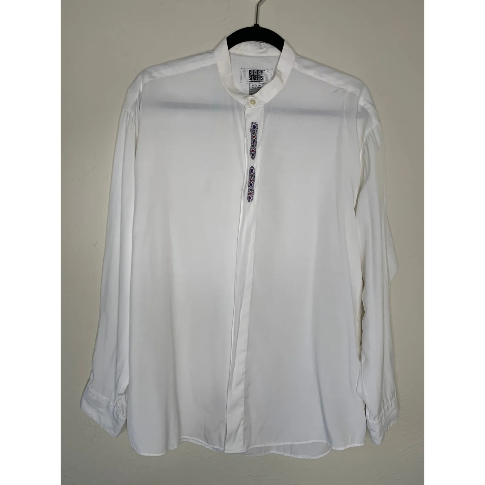 90s White Stand Up Collar Blouse Sz Medium Tunic White Embroidered - Image 5