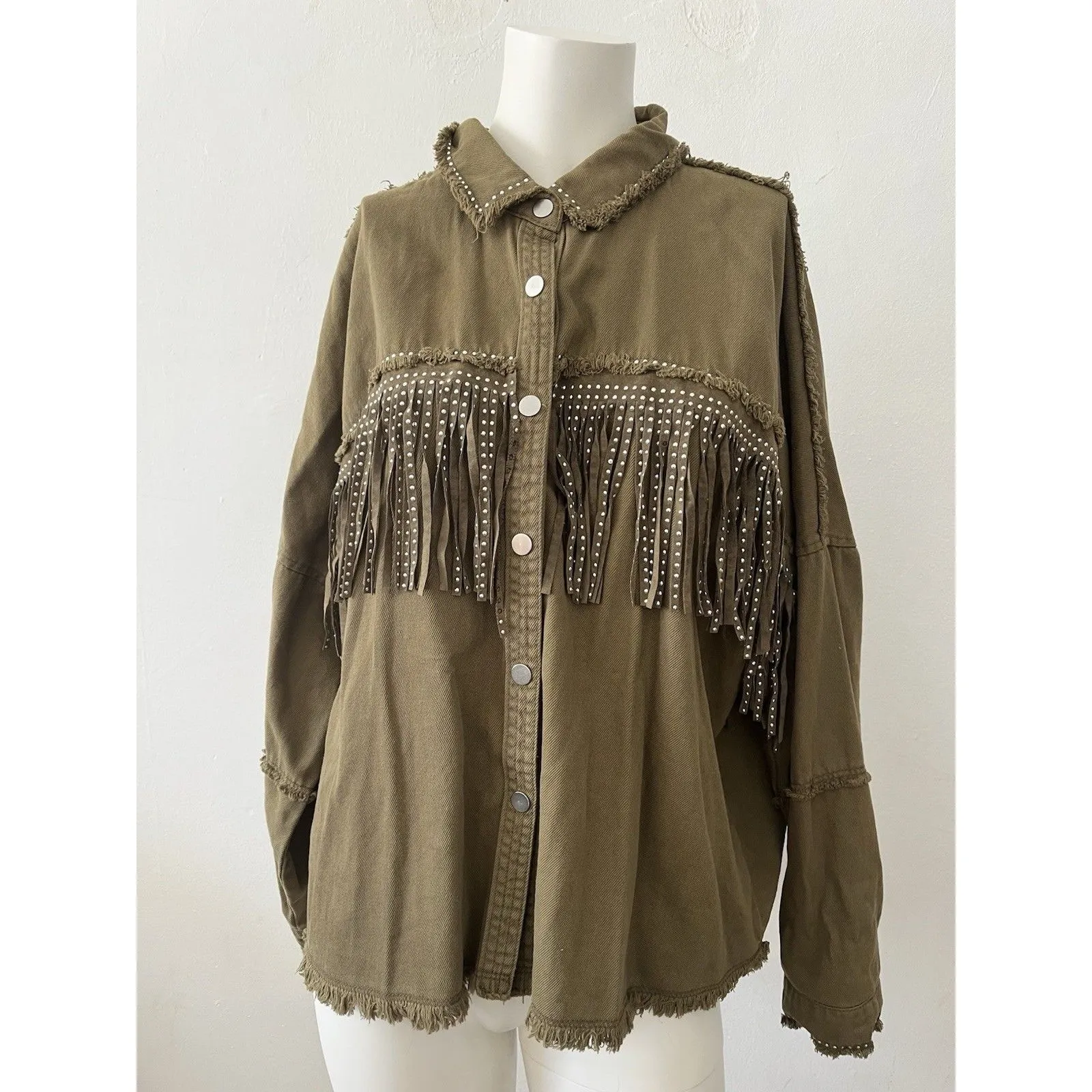 Zara Olive Green Shacket L Fringe Studded Western Rodeo Snap Button Cotton - Image 9
