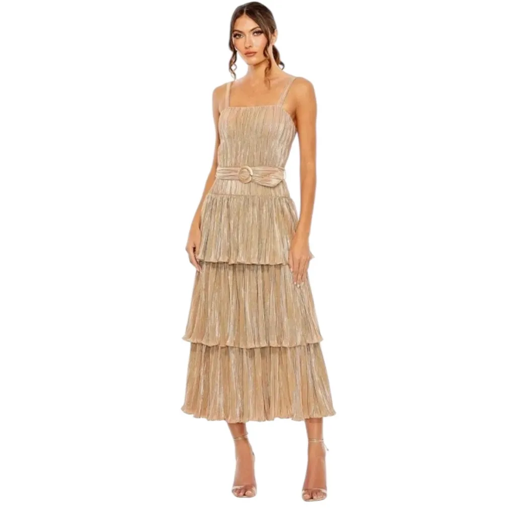 NWT Mac Duggal 27062 Tea-Length Metallic Plissé Midi Dress Party Gold Size 6 - Image 5