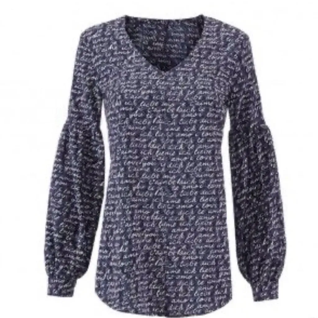 Cabi Women's Te Amo Navy Multi Love Blouse Puffy Long Sleeve Style 5336 Size S - Image 3