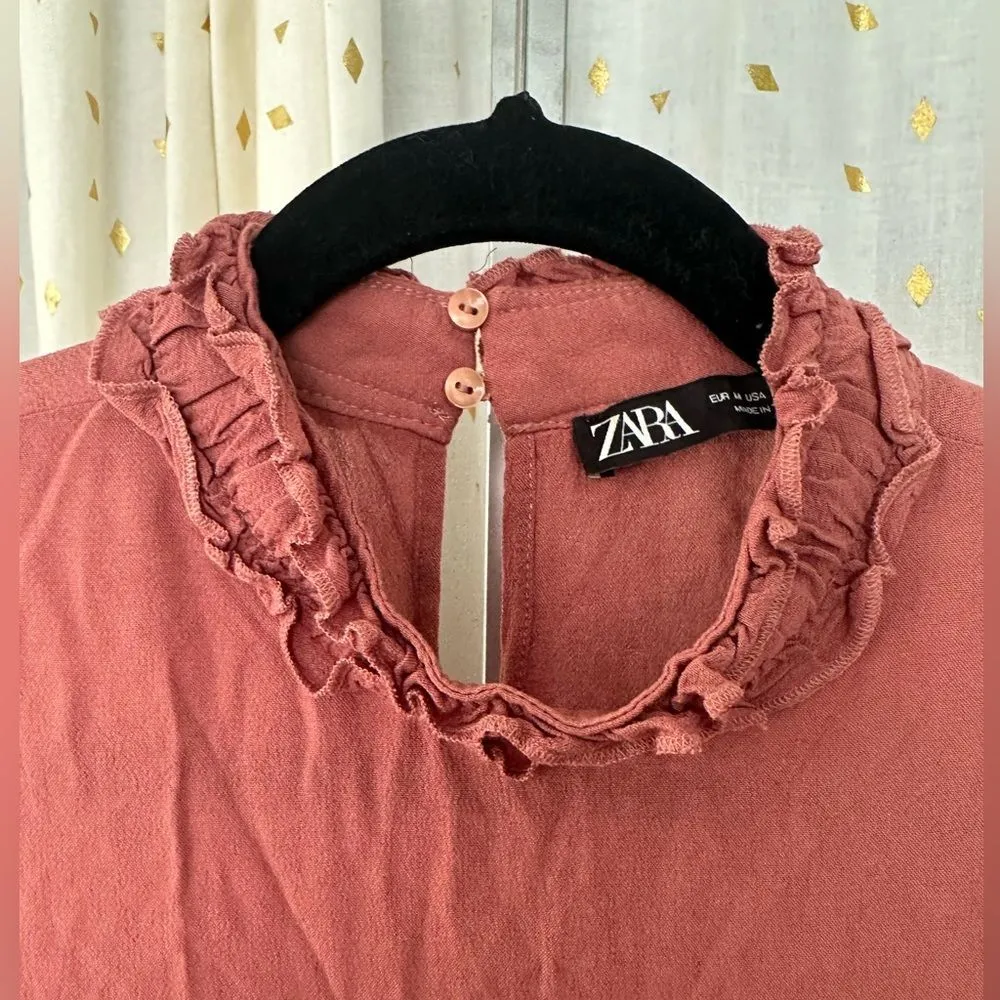 Zara Ruffle Mocked Neck Bell Sleeve Oversized Flowy Tiered Trapeze Blouse M - Image 5