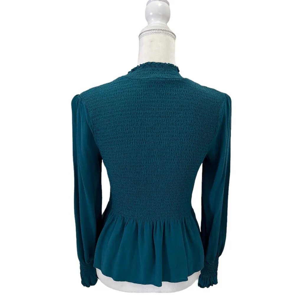 Karlie Teal Smocked Long Sleeve High Neck Blouse Size Small Elegant Work Office - Image 5