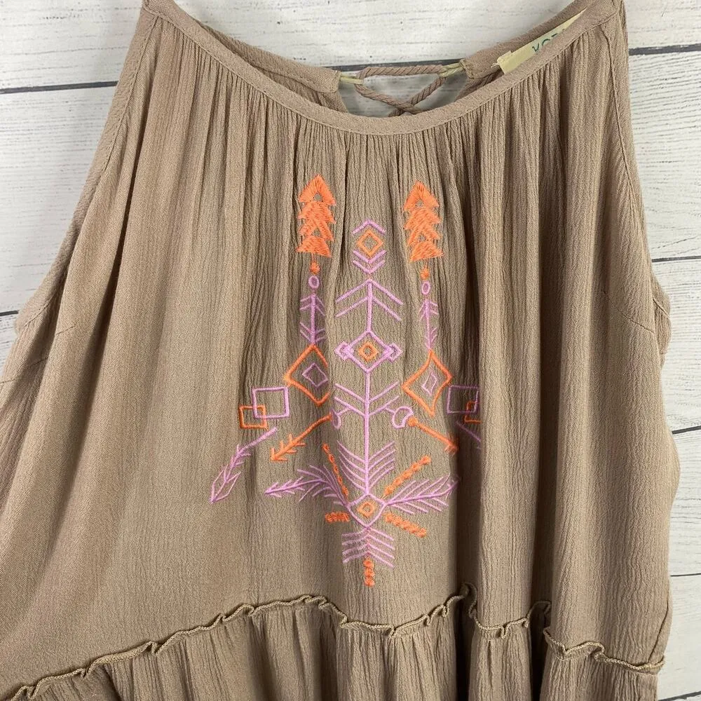Kori America Womens Aztec Tribal Boho Tiered Embroidered Mini Dress Tan size M - Image 3