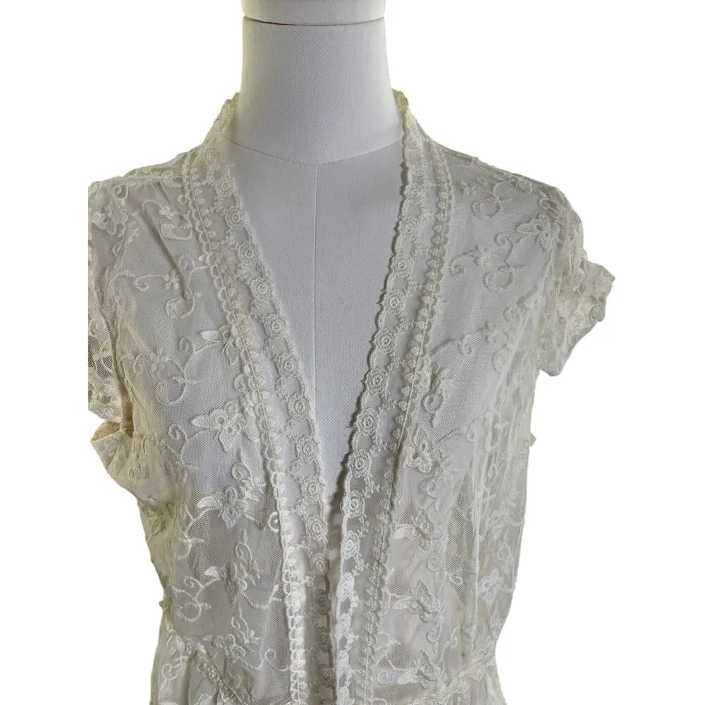 Ultra Pink Ivory Lace Cardigan Vest‎ L Boho Layering Romantic Cottagecore - Image 4