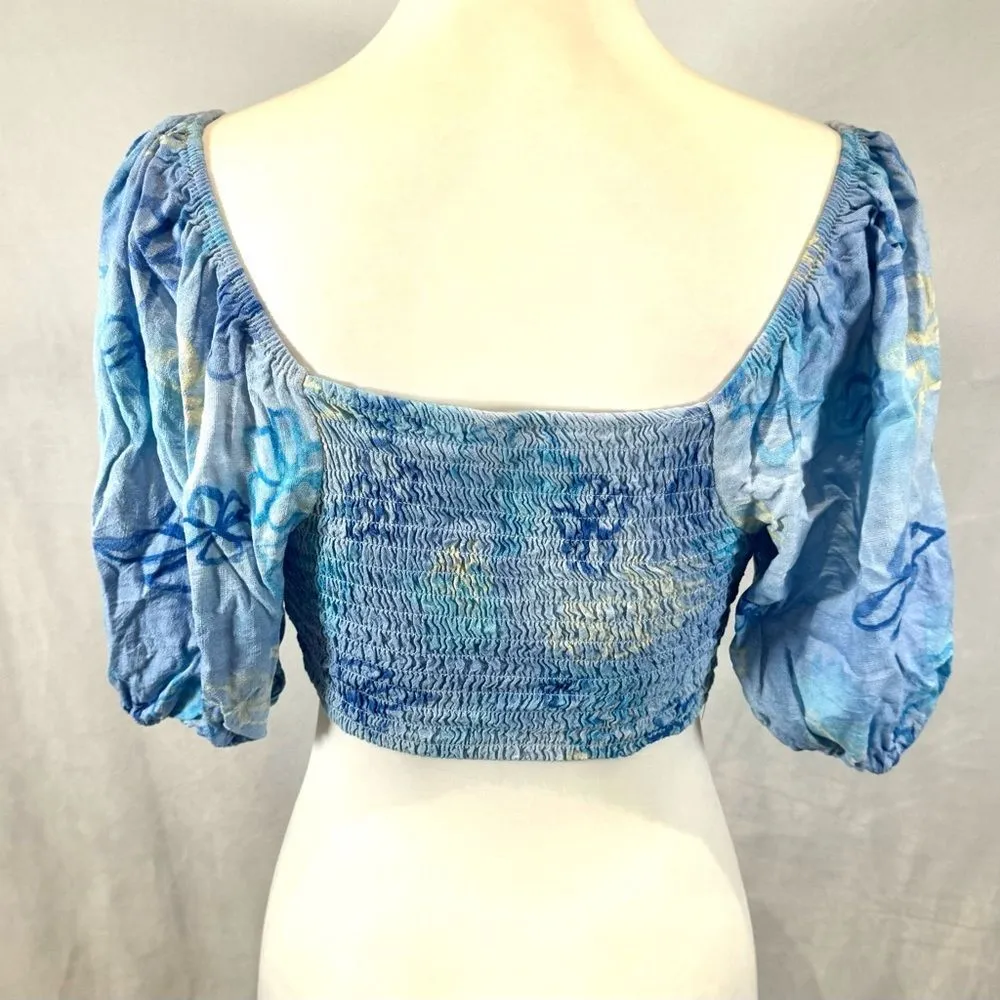 Wild Fable blue abstract floral sexy tie smocked back corset crop top size small - Image 7