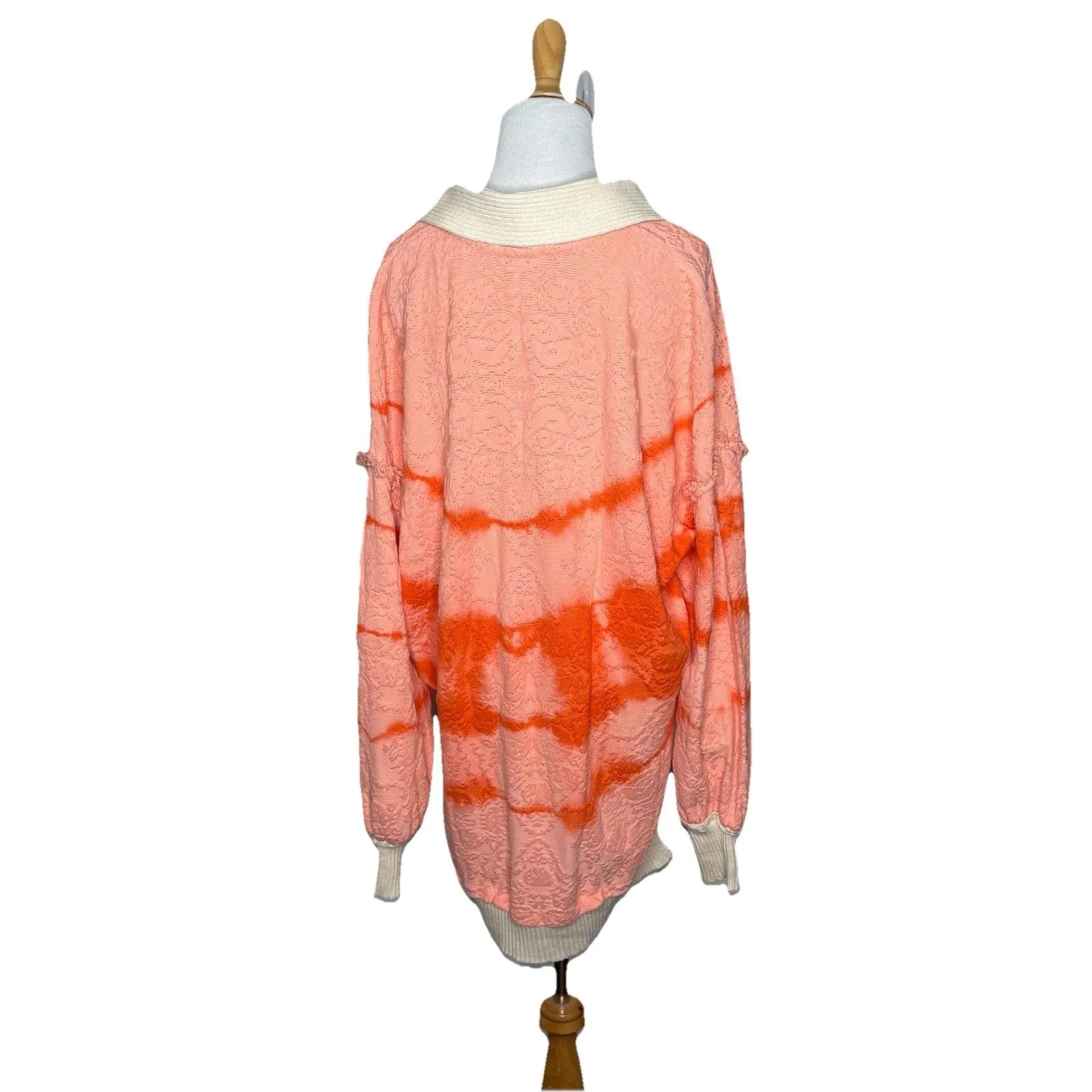 Free People Pullover Sweater Orange Tie Dye Henley Sunrise Polo Rib Collar M - Image 3