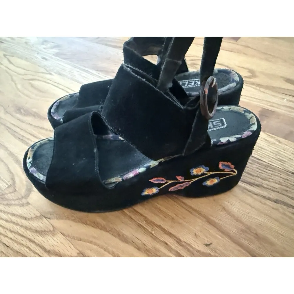 Vtg Y2K Skechers Black Chunky Platform Embroidered Floral Sandals Size 90s Sz 8 - Image 6