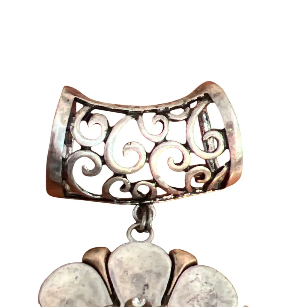 Vintage Silver Tone Faux Turquoise Scarf Slide Pendant Flower Rhinestones Estate - Image 3