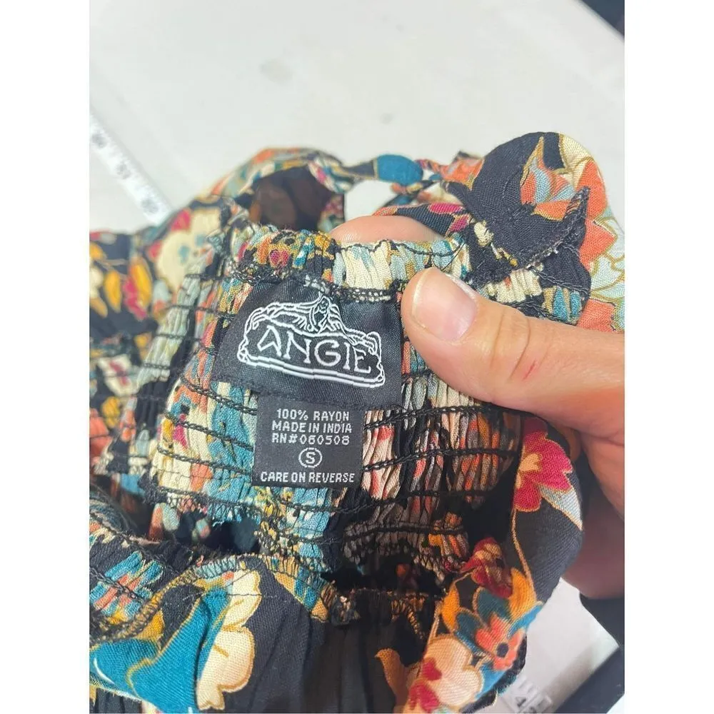 Angie Womens Floral Smocked Lace Up Back Maxi‎ Dress Small boho bohemian - Image 5