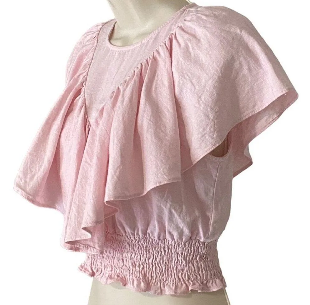 OPEN EDIT Pink Lotus Ruffle Linen Blend Keyhole Crop Top ~ Women's Size XS - Image 3