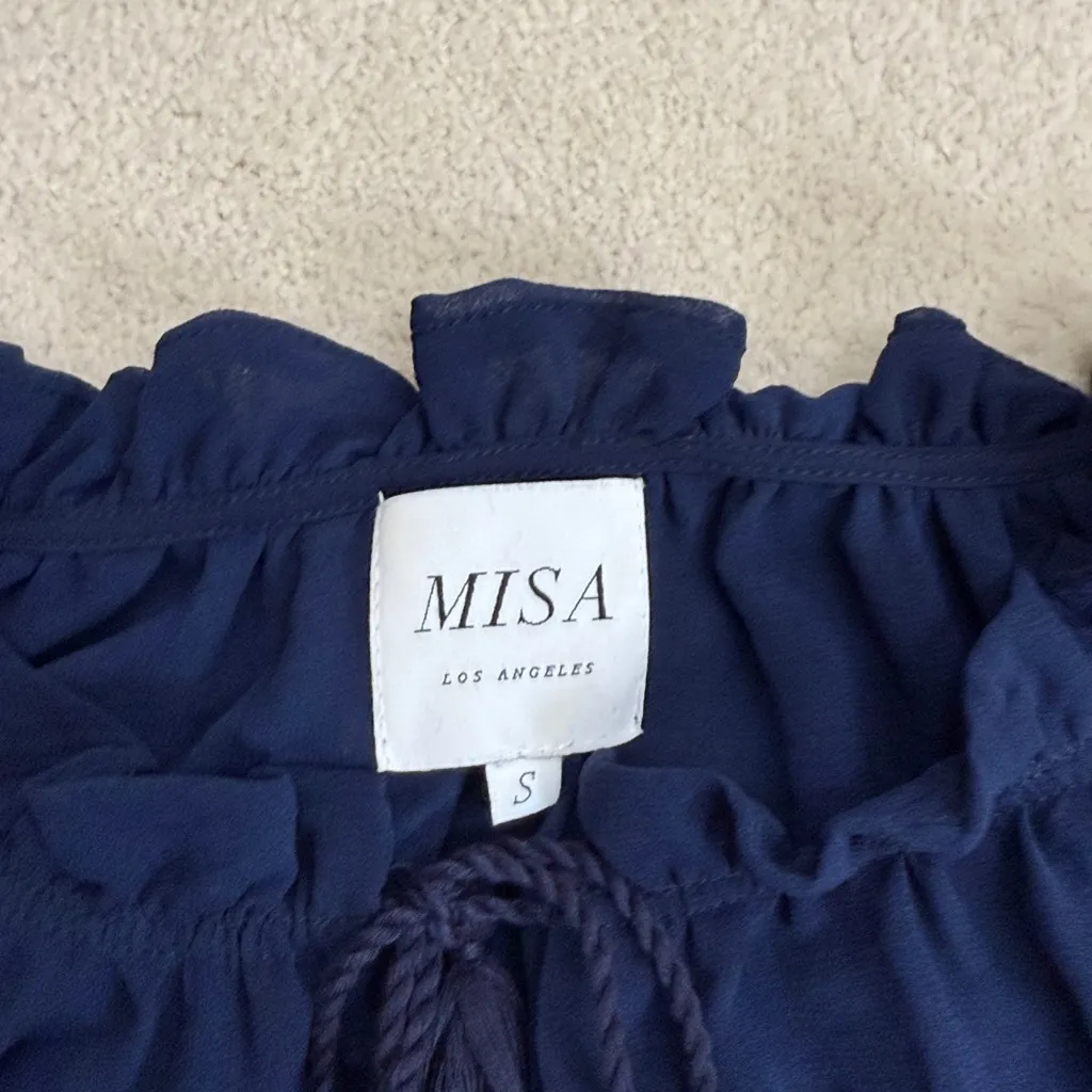 Misa Los Angeles Long Sleeve Ruffle Navy Blouse Top Tassels Size Small - Image 9