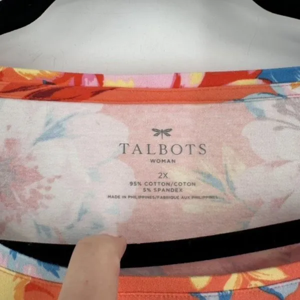 Talbots 3/4 Sleeve Shirt Knit Stretch Floral Orange Size 2X Feminine‎ Tropical - Image 3