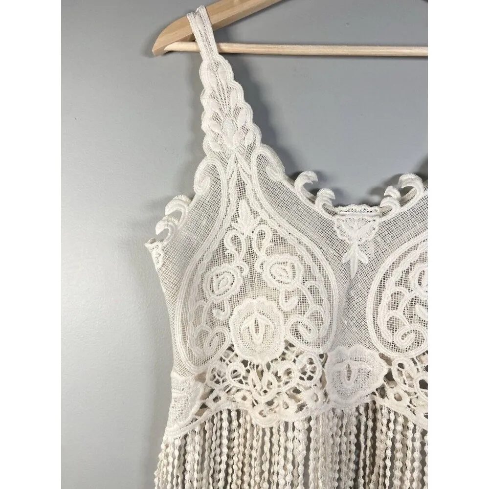 Clover + Scout Lace Crop Top Fringe Hem Tank Size XS Ivory Festival Boho Western - Image 3