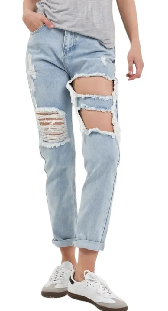 NWT Grey Lab High Rise Cut Out Ripped Straight Leg Jeans Sz 25 Light Distressed Blue - Image 1