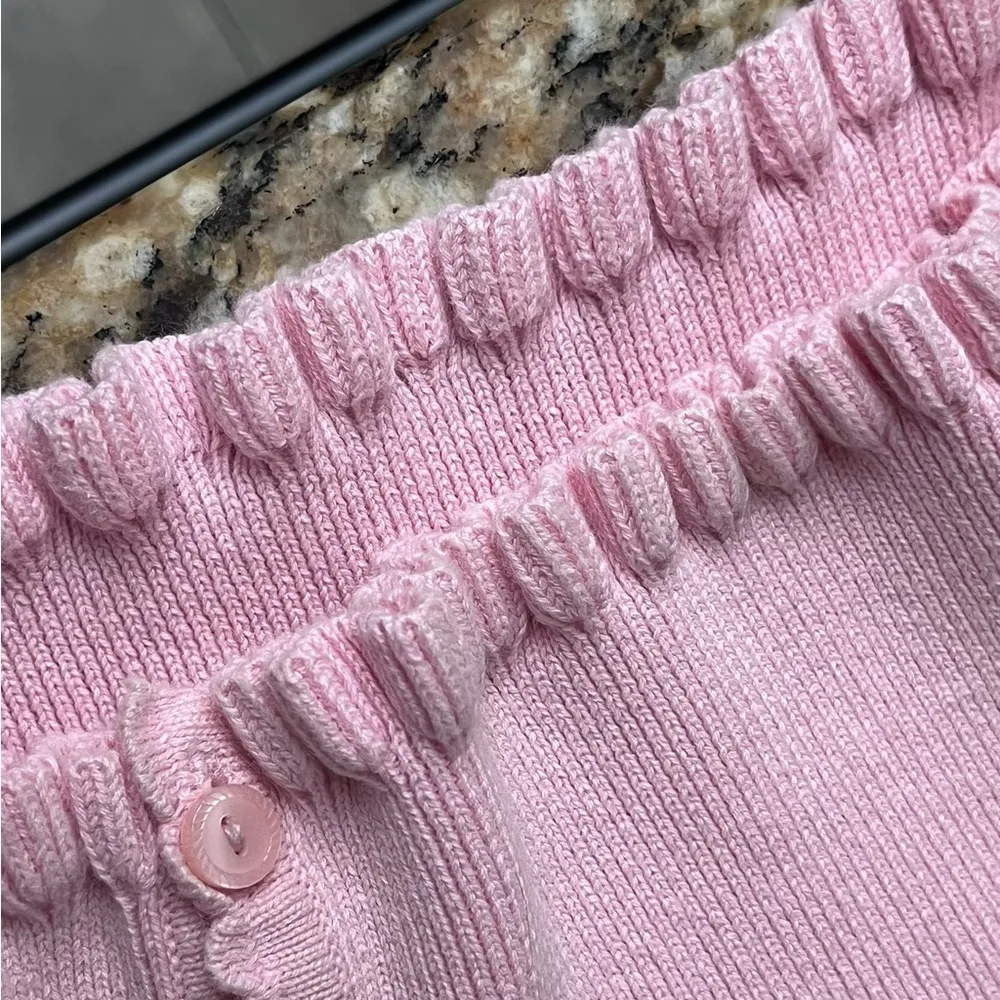 Jeanne Pierre Pink Cotton Ruffle Trim Cardigan Sweater Coquette Y2K Cottage PL - Image 11