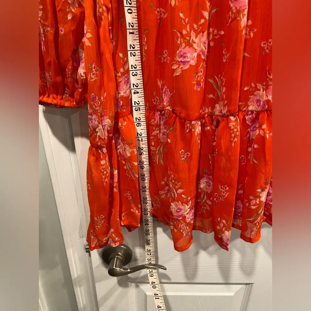 NWT Vince Camuto Size M Orange Floral Ruffle Flowy Long Sleeve Sheer Mini Dress - Image 9