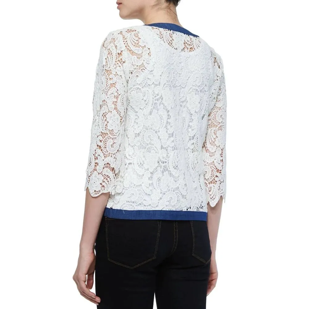 Michael Simon White Cotton Crochet Lace Denim Trim Tailored Jacket Top PS P S - Image 8