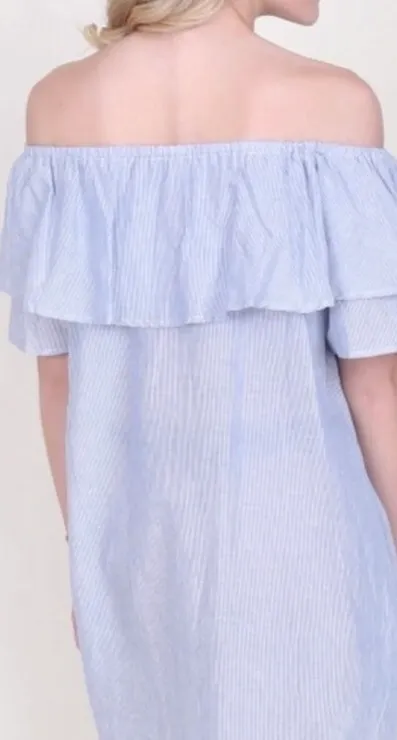 Blue & White Striped Off Shoulder Ruffle Dress - Image 3